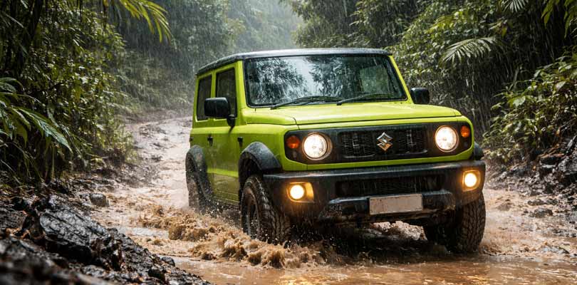 Green off-road SUV splashing through muddy jungle trail